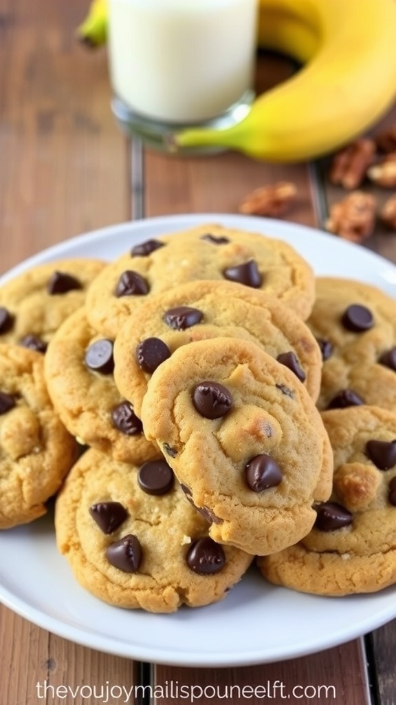 A plate of banana bread cookies with chocolate chips and walnuts, on a rustic table with a banana and milk.